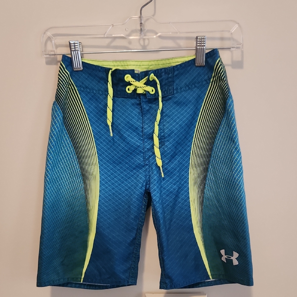 Under Armour Blue and Yellow Board Shorts with Athletic Design
